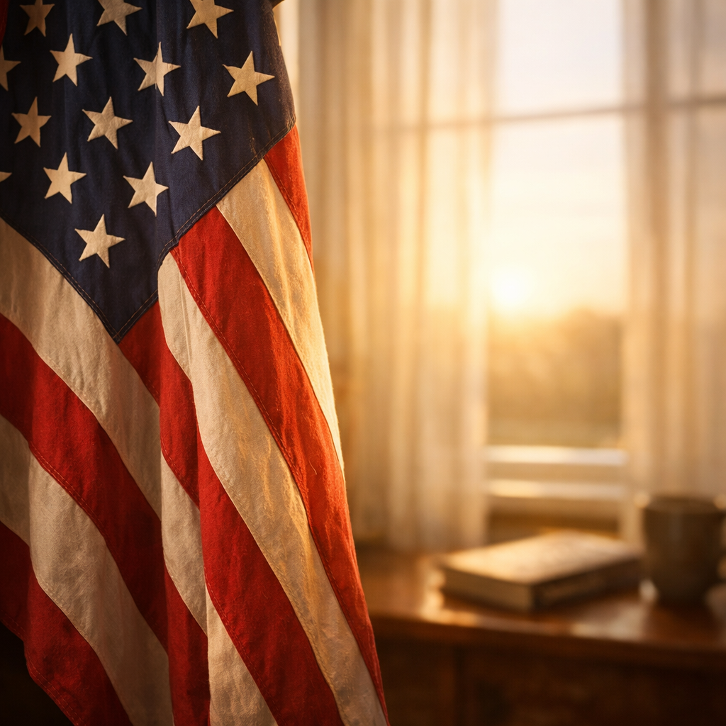 A softly lit American flag hangs near a sunlit window, symbolizing reflection, shared values, and quiet strength in a divided cultural moment.
